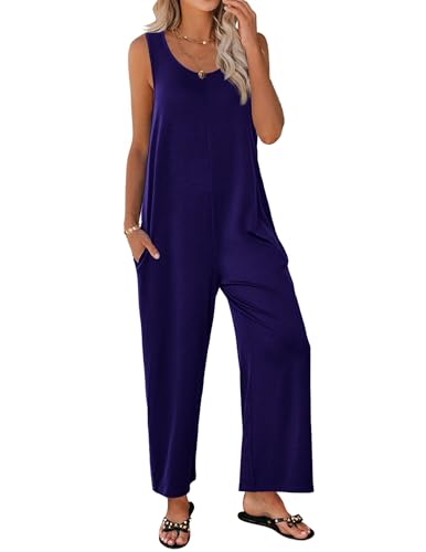 Ekouaer Sleeveless Jumpsuits for Women Scoop Neck Casual Tank Rompers Wide Leg Pants Overalls with Pockets