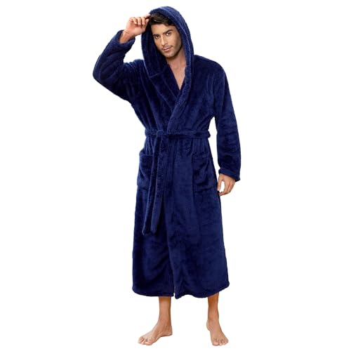 Vulcanodon Mens Robe Big and Tall with Hood Full Length Plush Robes for Men Long Fleece Bathrobe (Navy 2XL/3XL)