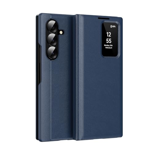 Étui Samsung Galaxy Z Fold7 bleu en cuir avec fenêtre intelligente antichoc