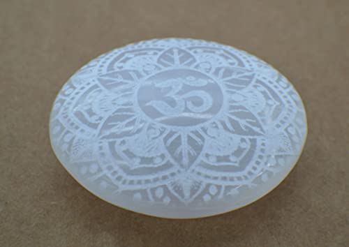 Image of Amazing Gemstone Selenite Palm Stone - OM Engraved Hot Massage Worry Stone for Natural Body Chakra Balancing, Reiki Healing and Crystal Grid