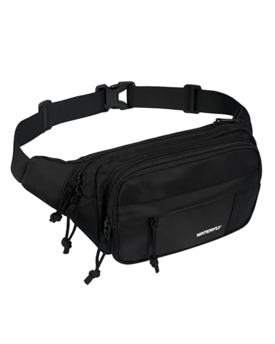WATERFLY Adjustable Fanny Pack: Large Hip Bag for Travel and Outdoor Activities with 7 Zipper Pockets - Black