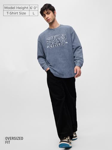 Image of The Souled Store Souled Army Men and Boys Round Neck Blue Embroidered Cotton Oversized Full Sleeve T-Shirts