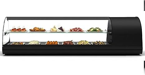 Vitrina de tapas WORLDMAI x SAYL, 144 x 40 cm, 2 Pisos y 6 cubetas GN 1/3 para hostelería. Vitrina expositora refrigerada profesional de sobremesa con iluminación LED, para bar y restaurante.