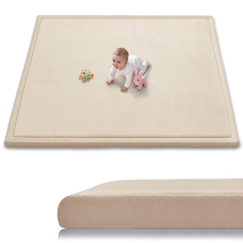 Image of Baby Play Mat for Floor, 1.3 Inch Thick Memory Foam Tummy Time Mat with Non Slip Backing, Soft Coral Velvet 50x50 Inch Playpen Mat Crawling Tatami for Infants Toddlers Kids, Beige