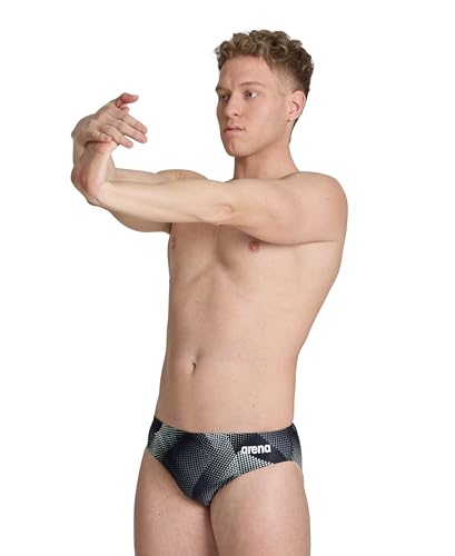 ARENA Men’s Swim Brief Halftone Team Print MaxLife Athletic Swimwear Professional Training Swimsuit Sports Bathing Suit, Team Black, US Size 28
