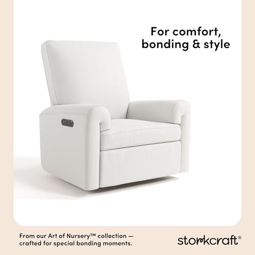 Image of Storkcraft Sorrento Deluxe Power Recliner Swivel Glider - Premium Electronic Nursery Rocking Chair, Oeko-TEX 100 Certified, Includes Dual-USB Charging Port with USB-A & USB-C (Ivory Basketweave)