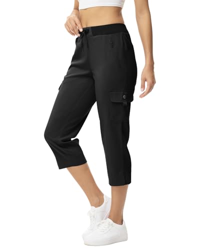 donhobo Womens Cargo Hiking Walking Trousers,Capri Cropped Shorts Trouser Women,Ladies Lightweight Summer 3/4 Length Pants Elasticated Waist Short Quick Dry with 4 Pockets Black XXL
