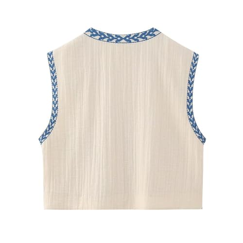 Image of Women Vintage Floral Embroidered Vest Y2K Sleeveless Open Front Cardigan Boho Linen Cropped Waistcoat