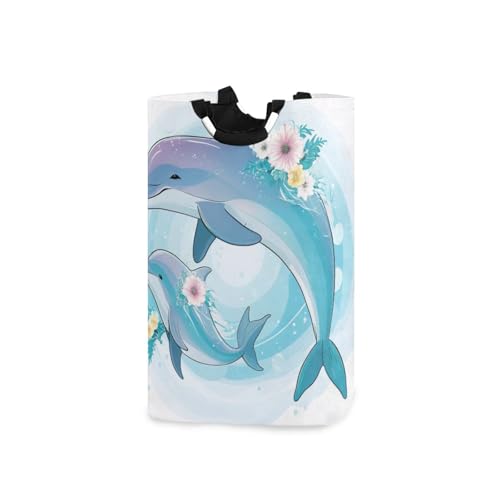 Jihqo Laundry Hamper Basket Cute Dolphin Collapsible Nursery Storage Bin Waterproof Clothing Baskets for Home Bedroom Bathroom Washing Room