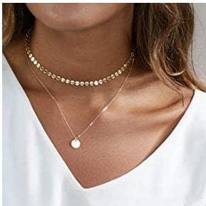 Artmiss Gargantilha de paetê em camadas, colar delicado em camadas, colar de corrente de disco simples para mulheres, joias de presente, Metal