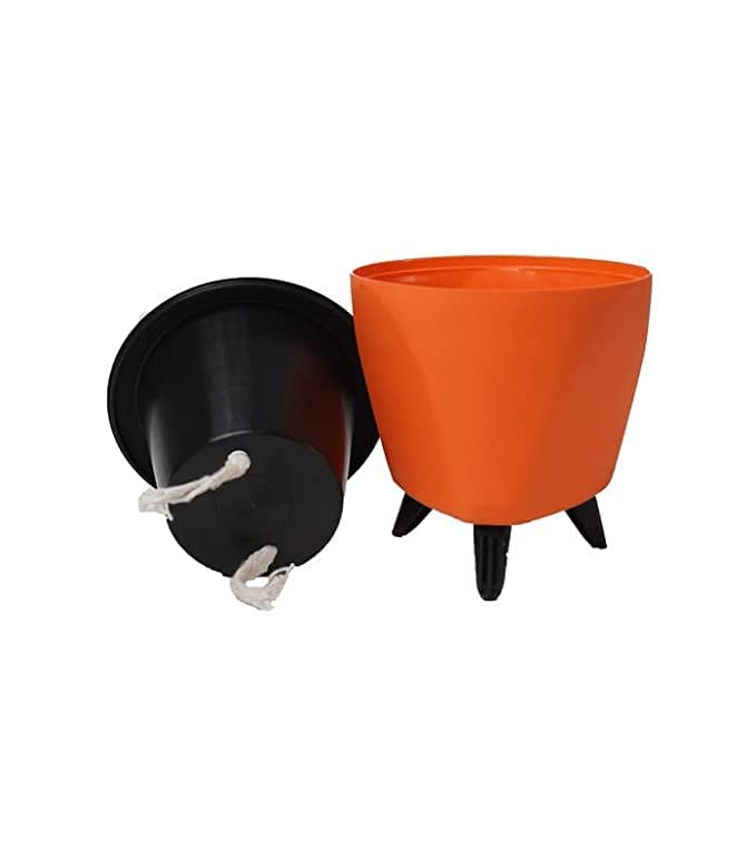 Image of Garden Art (Pack of 2 Indoor Outdoor Self Watering Planter Home Living Room Office Tabletop Decorative Plastic Flower Pot 5.1 Inch (Orange, 2)