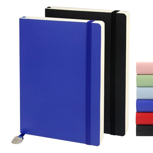 Lot de 2 carnets de notes lignés de 14x21 cm à couverture souple de 208 pages en noir et bleu foncé