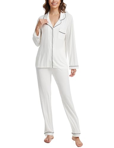 Image of Button Up Pajamas for Women Long Sleeve Sleepwear Soft Loungewear Ladies Pjs Set XS-XXL