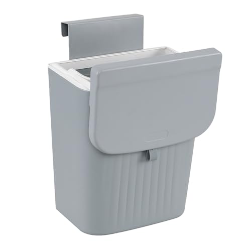 Image of 3.2 Gallon /12 L Plastic Kitchen Compost Bin, Hanging Trash Can with Lid, Wall-Mounted Garbage Can, Grey