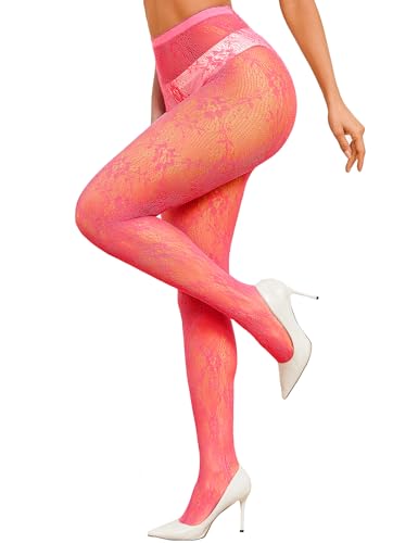 SwiiDuu Women Lace Tights Sexy Fishnet Stockings High Waist Stockings Lace Leggings Pantyhose-Pink