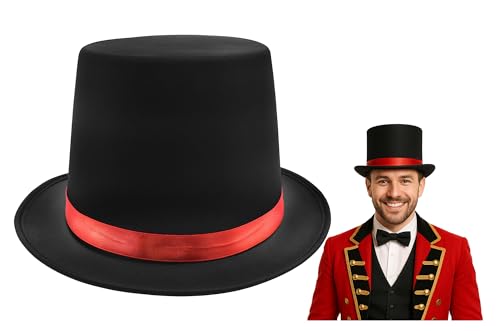 Nicky Bigs Novelties Adult Tall Large Black Satin Top Hat with Red Band Caroler Snowman Circus Ringmaster Victorian Mad Hatter Baron Roaring 20s Magician Formal Costume Tuxedo Deluxe High Crown