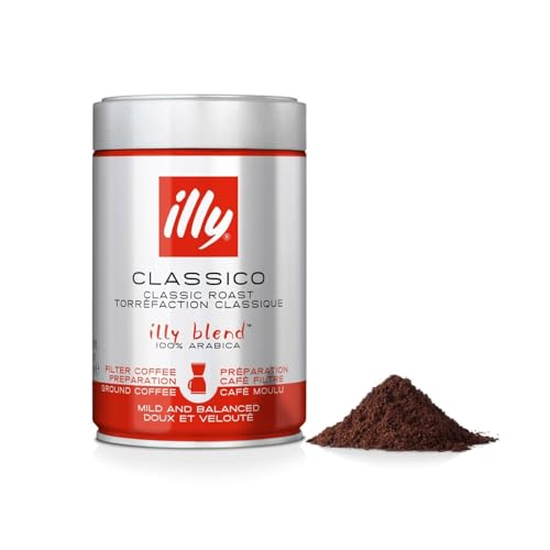 illy, Gemahlener Filterkaffee CLASSICO, 100% Arabica mit Noten von Orangenblüten und Jasmin, Sanfter Geschmack und Süßer Nachgeschmack, 1 Dose mit 250g