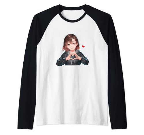 Anime Chica Con Corazón Divertido Corazón Manos Anime Camiseta Manga Raglan