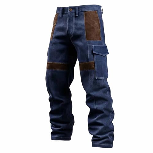 Mens Corduroy Cargo Pants Patchwork Straight Leg Relaxed Fit Utility