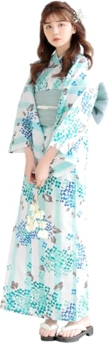 （ディータ）Dita レディース 浴衣 5点セット 青 水色 白 紫陽花 花柄 縦縞 ストライプ 1人で簡単着付け (湊色の夏紫陽花, FREE(フリーサイズ))の商品画像（Amazon）