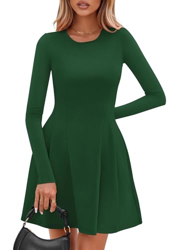 PRETTYGARDEN Long Sleeve Mini Dress for Women 2026 Spring Crewneck Knit Pleated Babydoll A Line Casual Short Party Dresses (Green,Large) — view 6