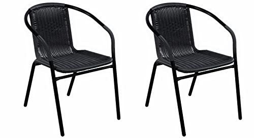 BTEXPERT Indoor Outdoor - Set of Two (2) Black Patio Backyard Bistro Restaurant Chairs Rattan Stackable Cafe Arm Chairs