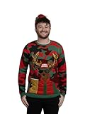 JOLLIDAYS Men's Camo Deer Drink Pocket Crew Neck, Long Sleeve Ugly Christmas Sweater, Red, Large