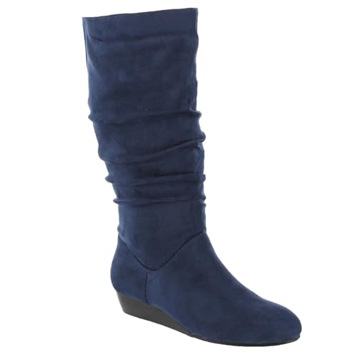 Masseys Women's Khloe Slouchy Mid Calf Wedge Boot, 8 W (Wide), Navy