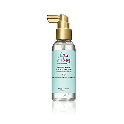 Hair Biology Meno Balance Hair Thickening & Scalp Soothing, Ansatz und Kopfhaut Pflegespray, für Dünner Werdendes Haar Und Trockene Kopfhaut, mit Pro-V, Vitamin B3 Und Weißem Tee, Wechseljahre, 100ml Cover