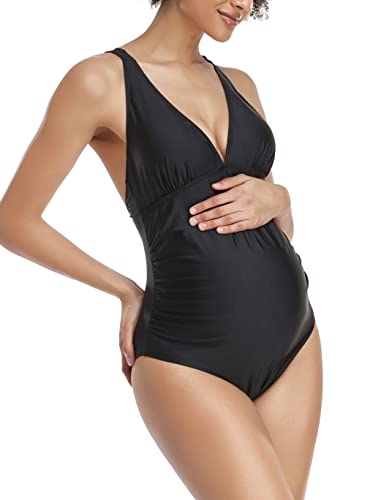 Eastelegant Maternity V-Neck Swimsuits One Piece Multiple Criss Cross Back Bikini Black,Small #TOP4