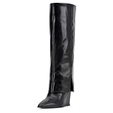 MUCCCUTE Black Fold Over Boots for Women - Knee High Pointed Toe Wedge Tall Boots with Full Side Zipper PU Long Boot US Size 8