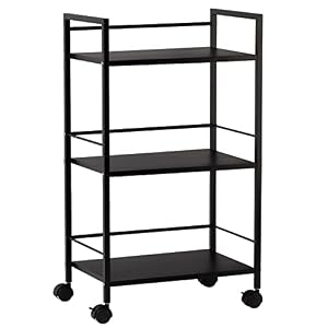Secchuu スチールラック 本体3.6kg 総耐荷重45kg 幅43×奥行30×高さ76cm 収納ワゴン プリンター台 PS5 横置き スタンド サイド収納 ストッパー付きキャスター 棚板１枚耐荷重15KG (ブラック, 3段)