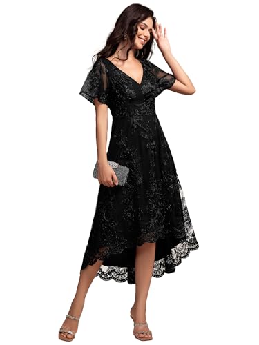 Amazon.com: Ever-Pretty Women's Wedding Guest Dress V Neck Ruffles Sleeves  Embroidery High Low Formal Dresses Black US4 : Clothing, Shoes & Jewelry