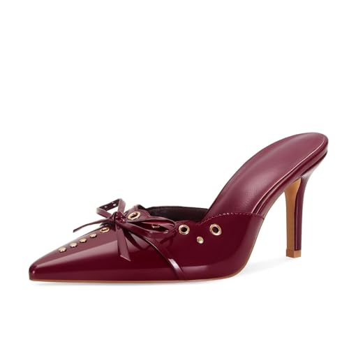Image of DOEYG Women Pointed Toe Bow Heels Mules Slip on Stiletto Heels Sandals Dress Party Wedding Studded Heels Pumps