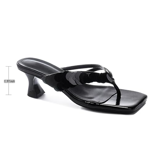 Image of Goolita Women's Suede Sequin Kitten Heels Flip Flops Open Square Toe Strappy Thong Slide Heeled Sandals Comfort Prom Party Mules Heels