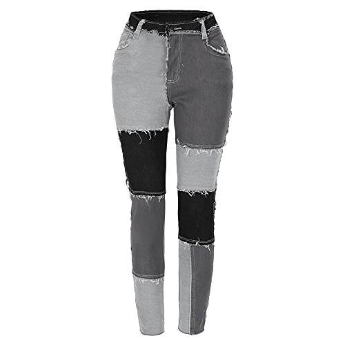 THUNDER STAR Women High Waist Patchwork Jeans Stretchy Denim Pants