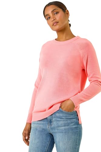 Roman Soft Jumper for Women UK Ladies Winter Autumn Sweater Knit Knitwear Round Crew Neck Top Plain Lightweight Comfy Long Sleeve Split Hem Everyday Daywear - Rose Pink - Size 16