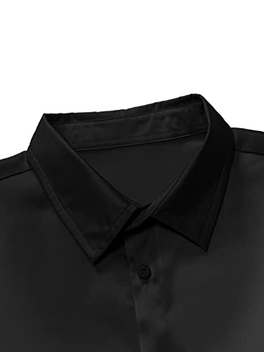Romwe Men's Satin Button Down Front Lapel Collar Solid Short Sleeve Shirt Black L #TOP2