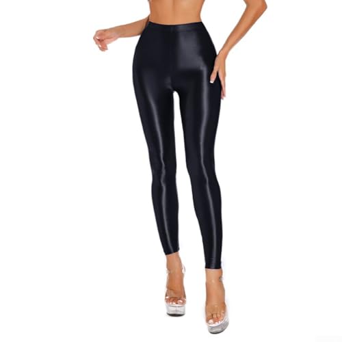 DystopiaWorld Legging extensible en satin pour femme - Pantalon brillant effet mouillé fabriqué pour la danse et le yoga (L noir)