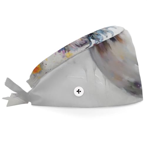 Mularoka Rooster Flower Watercolor Working Caps with Button Sweatband Comfortable Adjustable Bouffant Hats Work Hat for Women Men