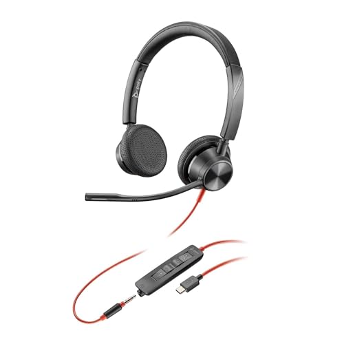 Poly Blackwire 3325, Cuffia Cablata con Connessione USB-A, USB-C, AUX 3,5 mm, Cuscinetti in Similpelle, Riduzione del Rumore e dell'Eco, Comandi sul Cavo, Compatibile con Windows 10 e macOS, Nero