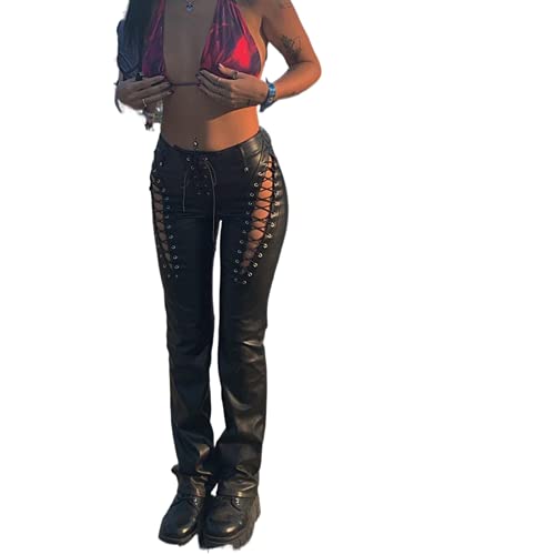 Zempertoopa Women’s Sexy Faux Leather Pants High Waist Slim Y2K Trouser Hollow Out Lace Up Leggings Gothic Streetwear Pants (Black S) #TOP19