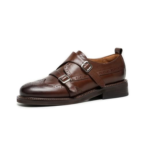 Image of BEAU TODAY Women's Leather Loafers, Wingtip Brogue Monk Strap Shoes | Genuine Leather, Round Toe, Low Heel, Metal Buckle, Non-Slip, Comfortable Business Casual Flats for Work and School