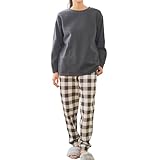[Lafuku] ラフク 裏起毛 パジャマ ルームウェアセット レディース トレーナー スウェット 長袖 パンツ 長ズボン あったか 10色展開 チャコール×チェック柄 L