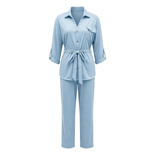 TRCELECTROP Fall Two Piece Sets for Women Dressy Tie Waist Lapel Button Down Shirts Wide Leg Pants Casual Travel Outfits - image 3
