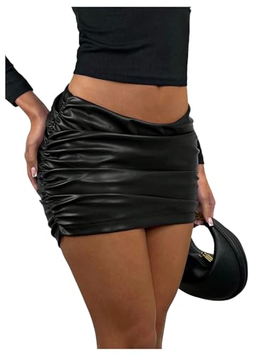 Floerns Women's Low Waist Ruched Side PU Leather Mini Skirt Bodycon Night Out Party Skirts