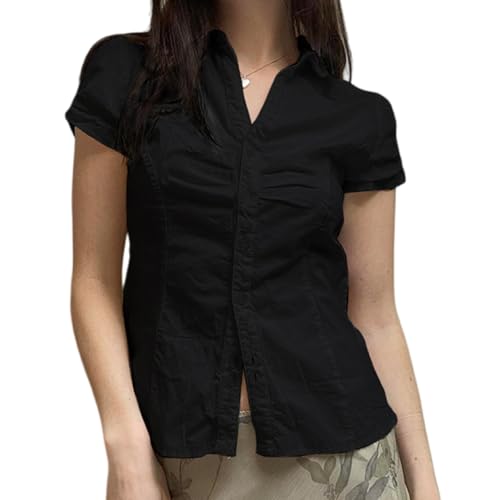 Seyumixi Y2k Button Up Shirt Women Short Sleeve V Neck Cropped Blouse Slim Fitted Collared Top Cute Preppy Coquette Tops(Basic Black,S)