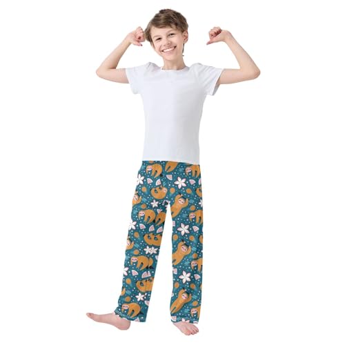 ZZXXB Sloth Hibiscus Flower Boys Long Pants Soft Trousers Elastic Waist Kids Lounge Bottoms with Pockets S-XL2