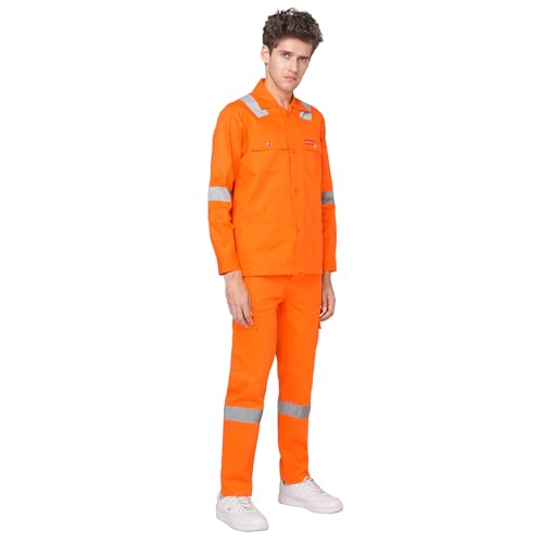 Image of Men's 100% Cotton Industrial Workwear Jacket & Pant Set with Reflective Tape, OEKOTEX, 200 GSM.
