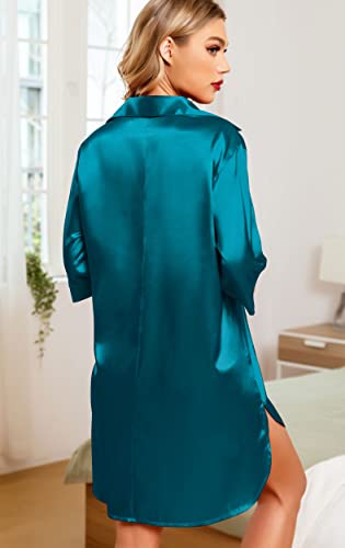 Samring Women's Button Down Nightgown 3/4 Sleeve Nightshirt V-Neck Sleepshirt Pajama Dress Peacock Blue L #TOP4